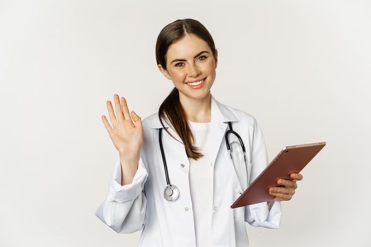 Smiling female doctor holding tablet and greeting at JS Global Hospital Careers