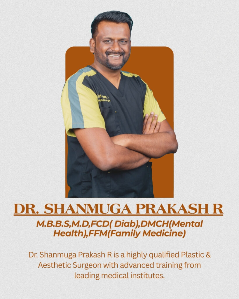 Dr. Shanmuga Prakash R, Plastic and Aesthetic Surgeon, standing with folded arms in clinical attire.