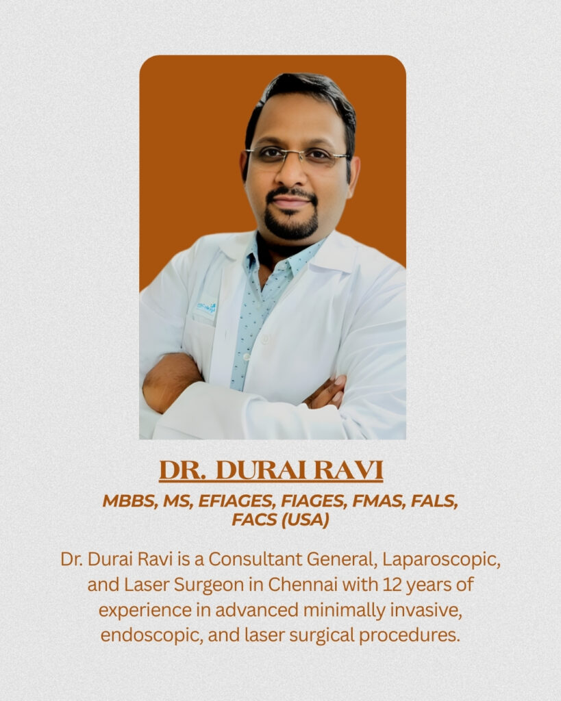 Dr. Durai Ravi, Consultant General, Laparoscopic and Laser Surgeon in Chennai with 12 years of experience, wearing a white coat.