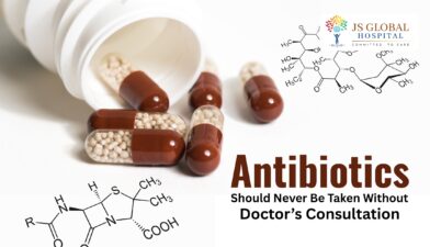 Antibiotics Close-up of antibiotic capsules with JS Global Hospital branding and message advising against taking antibiotics without doctor consultation.