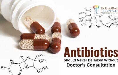 Antibiotics Close-up of antibiotic capsules with JS Global Hospital branding and message advising against taking antibiotics without doctor consultation.