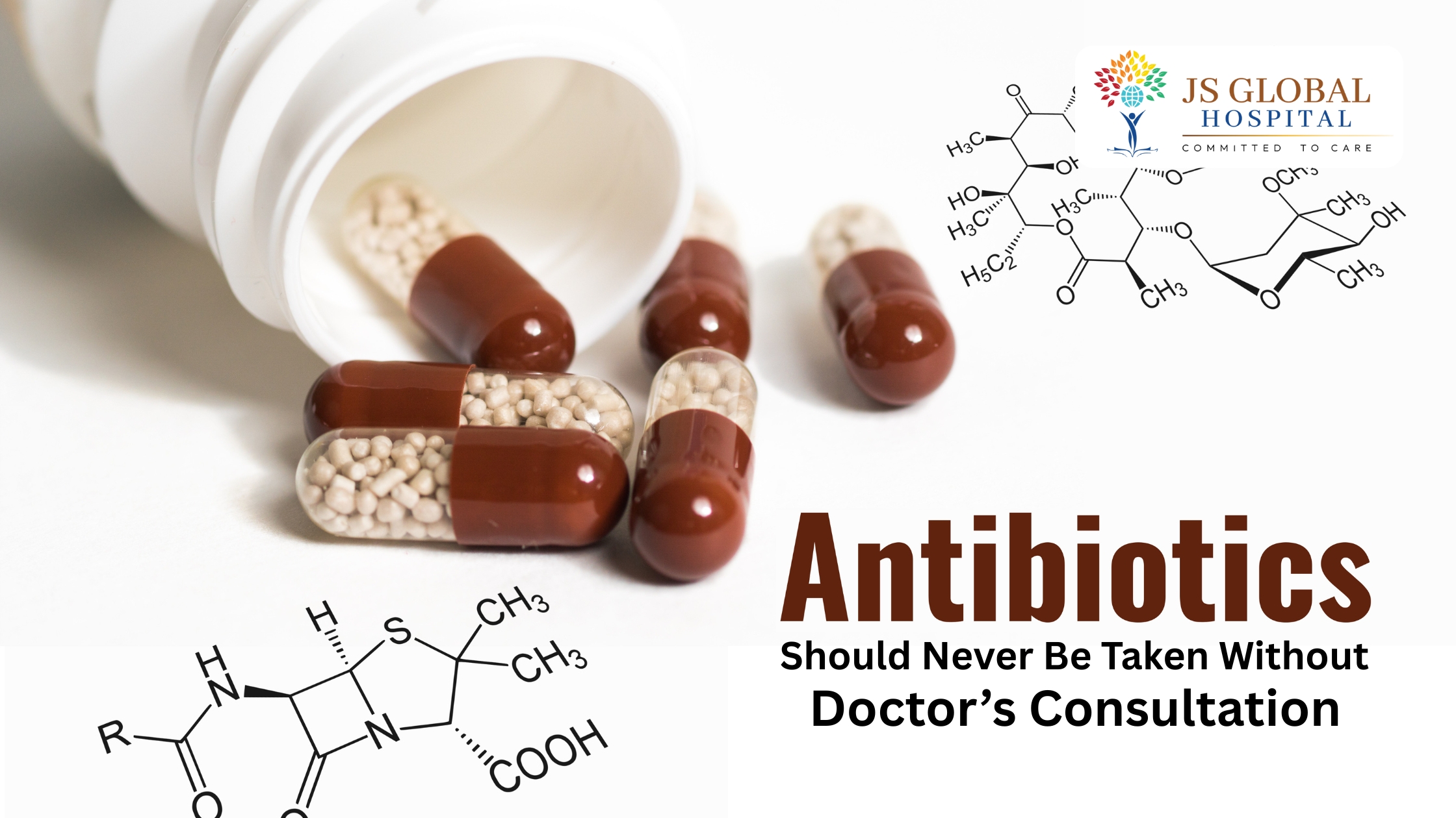 Antibiotics Close-up of antibiotic capsules with JS Global Hospital branding and message advising against taking antibiotics without doctor consultation.